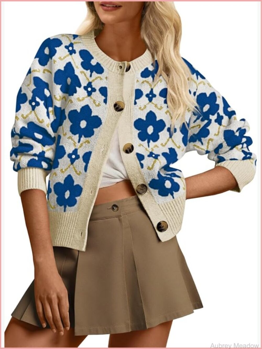Floral Cardigan Sweater Long Sleeve Open Front Button Down Knit Retro Coat